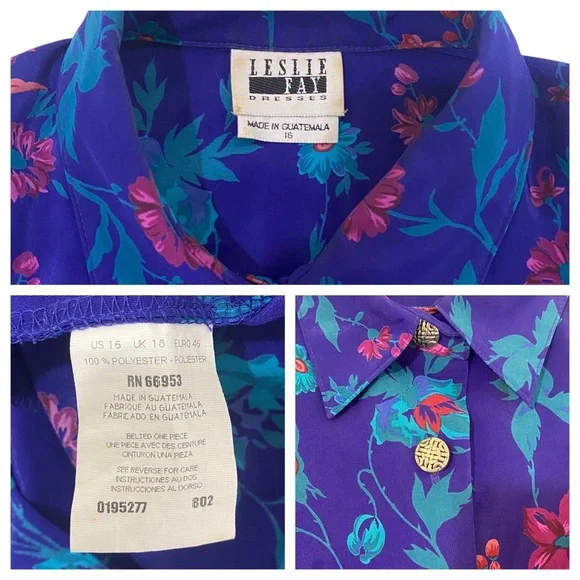 Vintage 1990s LESLIE FAY Floral Pleated retro Multicolored swing Dress sz 16 - Picture 9 of 11